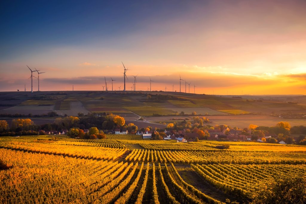 A landscape of farms and wind turbines at dusk.
